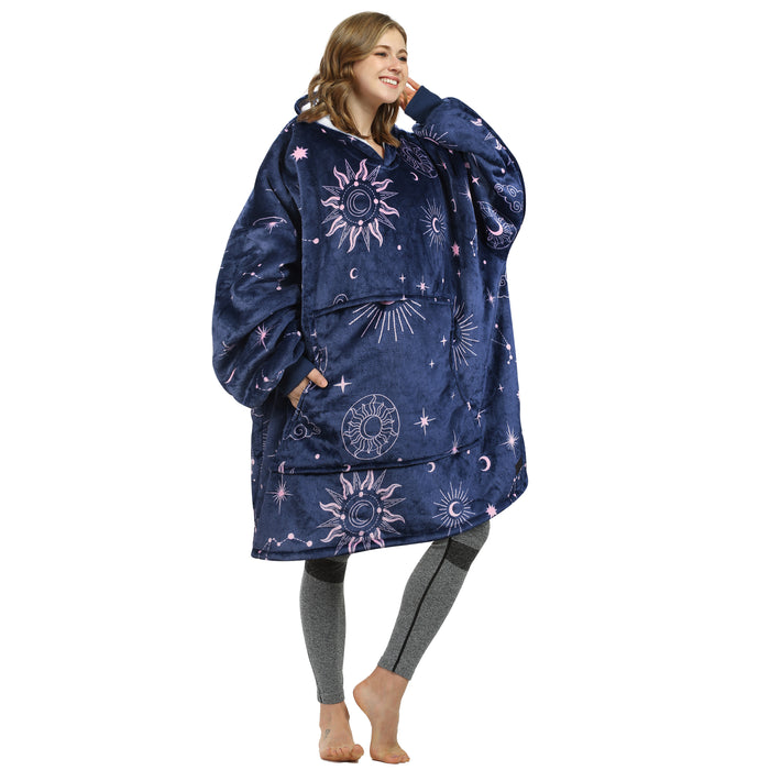 Oversized Hoodie Blanket Sweatshirt Foldable Warm Sherpa Pullover Front Pocke Navy+Astrology