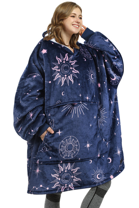 Oversized Hoodie Blanket Sweatshirt Foldable Warm Sherpa Pullover Front Pocke Navy+Astrology