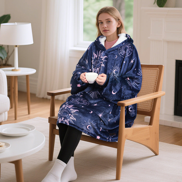 Oversized Hoodie Blanket Sweatshirt Foldable Warm Sherpa Pullover Front Pocke Navy+Astrology