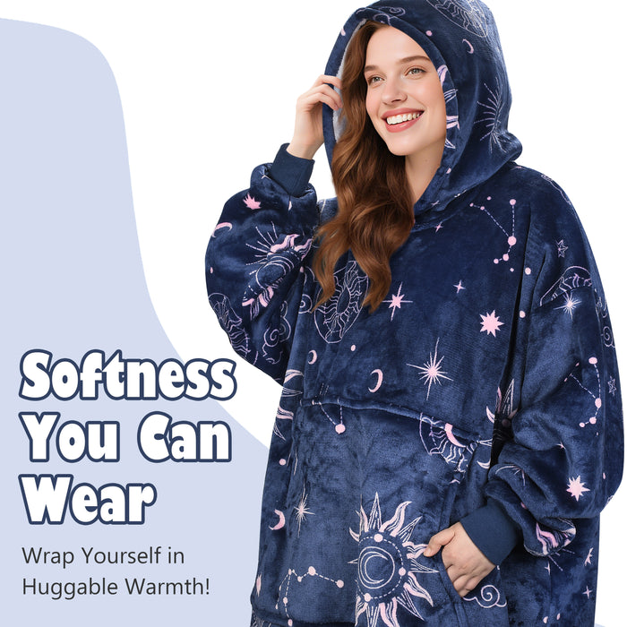 Oversized Hoodie Blanket Sweatshirt Foldable Warm Sherpa Pullover Front Pocke Navy+Astrology
