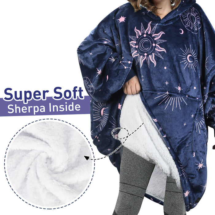 Oversized Hoodie Blanket Sweatshirt Foldable Warm Sherpa Pullover Front Pocke Navy+Astrology