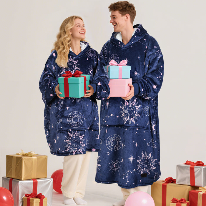 Oversized Hoodie Blanket Sweatshirt Foldable Warm Sherpa Pullover Front Pocke Navy+Astrology