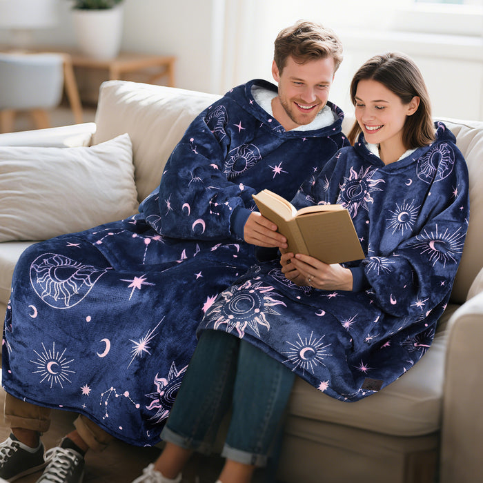 Oversized Hoodie Blanket Sweatshirt Foldable Warm Sherpa Pullover Front Pocke Navy+Astrology