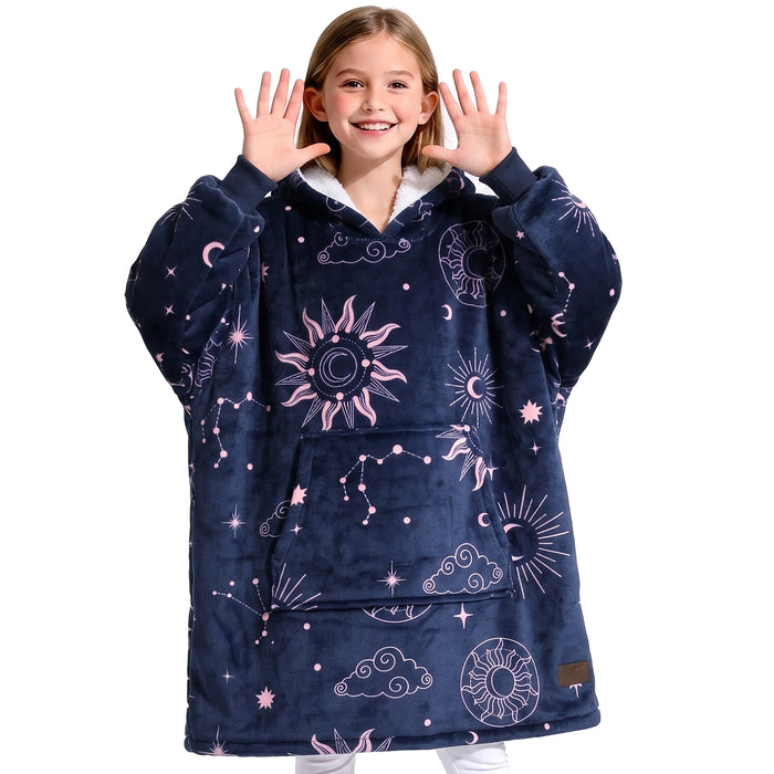 Catalonia Blanket Hoodie for Kids, Oversized Wearable Sherpa Sweatshirt Pullover for 7-16 yr Teens Youth, Kids Gift Idea Navy Astrology