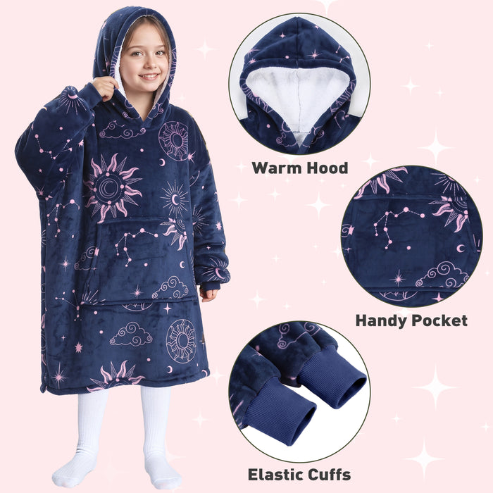 Catalonia Blanket Hoodie for Kids, Oversized Wearable Sherpa Sweatshirt Pullover for 7-16 yr Teens Youth, Kids Gift Idea Navy Astrology