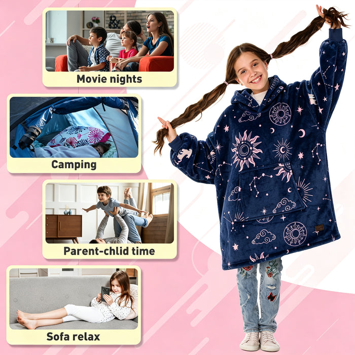 Catalonia Blanket Hoodie for Kids, Oversized Wearable Sherpa Sweatshirt Pullover for 7-16 yr Teens Youth, Kids Gift Idea Navy Astrology