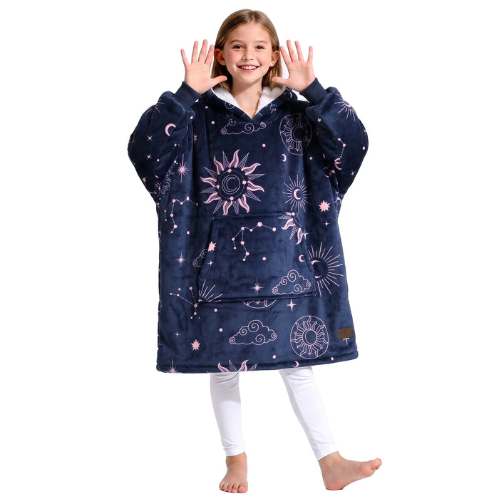 Catalonia Blanket Hoodie for Kids, Oversized Wearable Sherpa Sweatshirt Pullover for 7-16 yr Teens Youth, Kids Gift Idea Navy Astrology