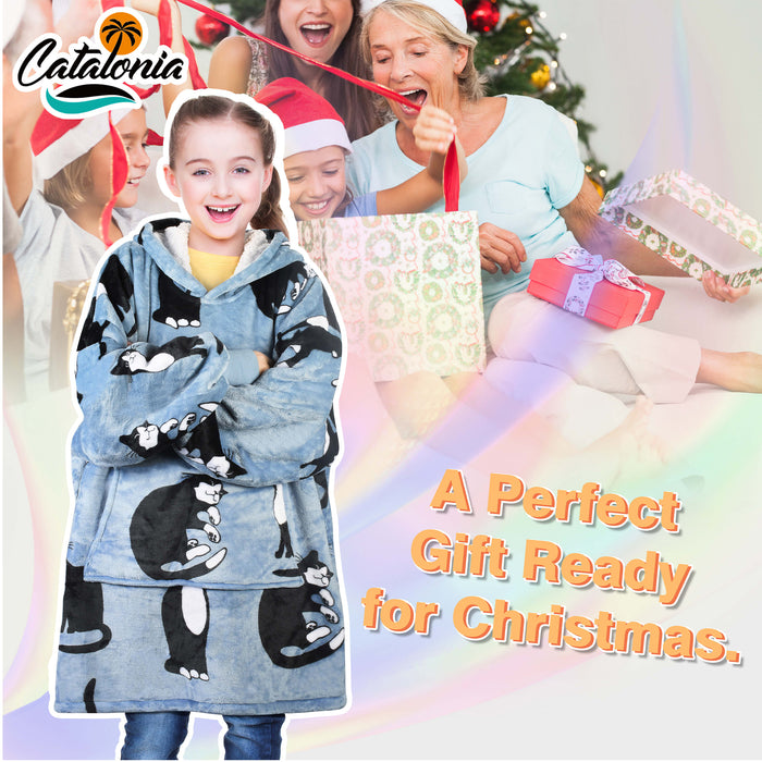 Catalonia Blanket Hoodie for Kids, Oversized Wearable Sherpa Sweatshirt Pullover for 7-16 yr Teens Youth, Kids Gift Idea  WONDERCAT Gray