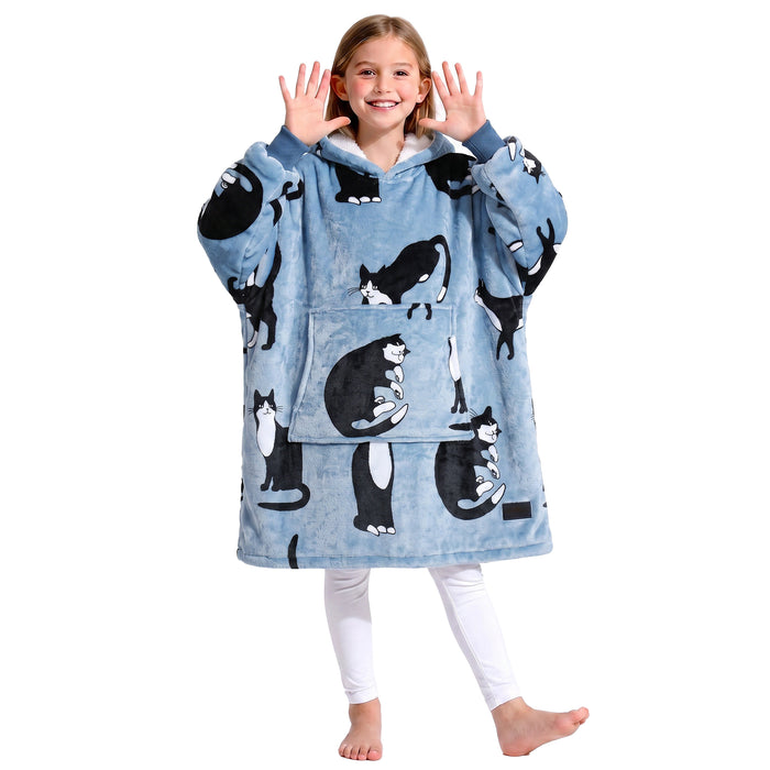 Catalonia Blanket Hoodie for Kids, Oversized Wearable Sherpa Sweatshirt Pullover for 7-16 yr Teens Youth, Kids Gift Idea  WONDERCAT Gray