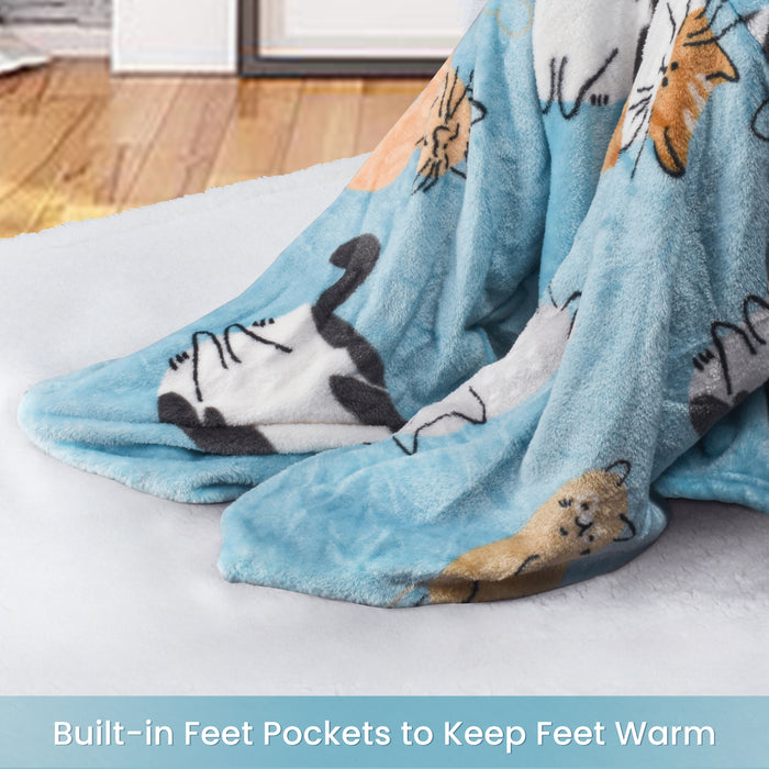 Pet Pattern Fleece Wearable Blanket With Sleeve & Foot Pocket