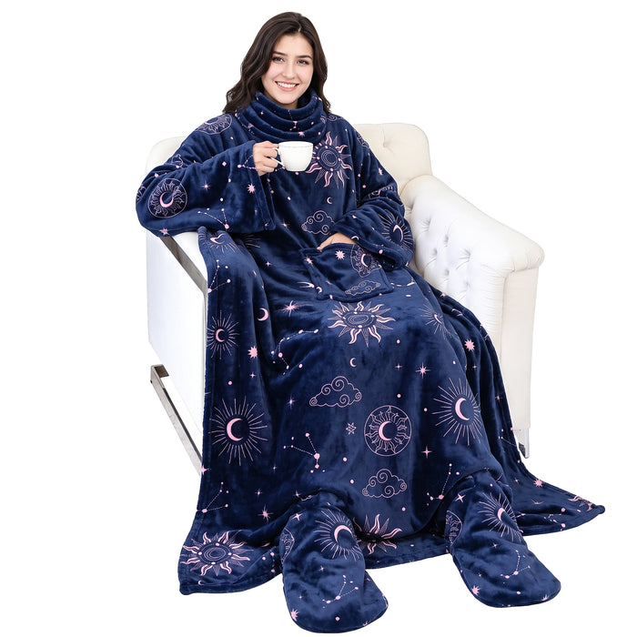 Fleece Wearable Blanket With Sleeve & Foot Pocket