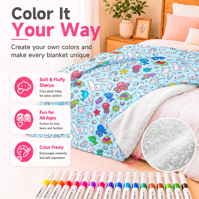 Catalonia DIY Coloring Blanket 15 Fabric Markers Personalized Sherpa Arts Crafts Gift
