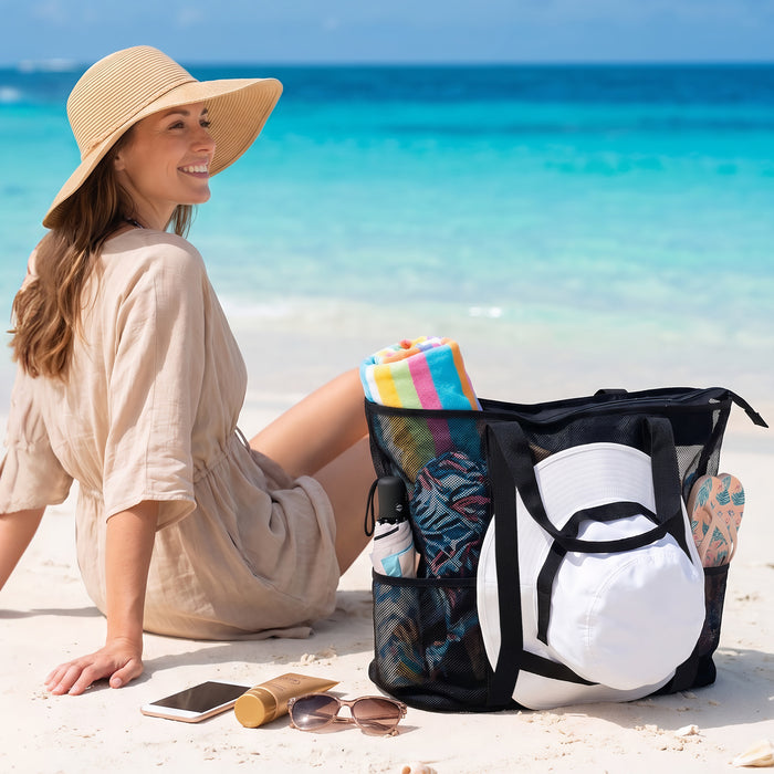 Black Quick Dry Mesh Beach Bag with Hat Holder