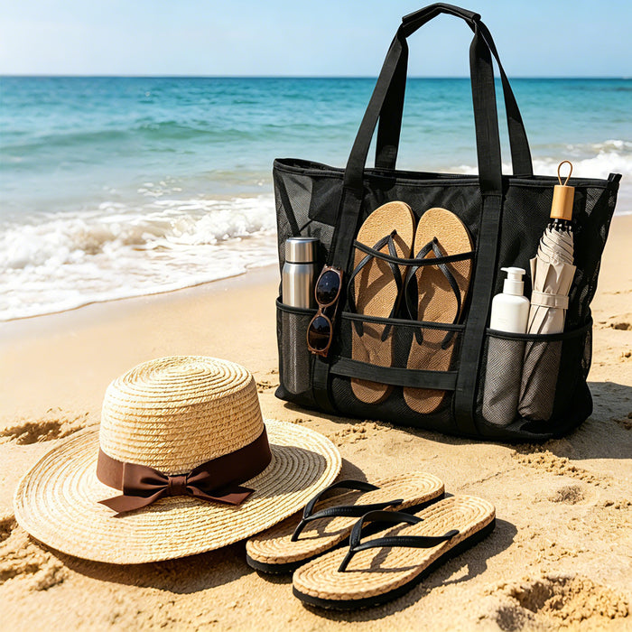 Black Quick Dry Mesh Beach Bag with Hat Holder