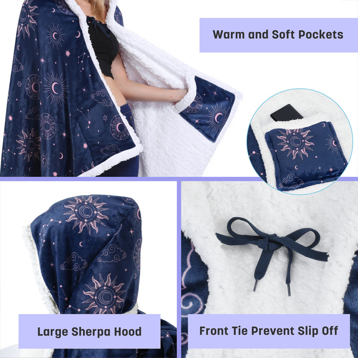Sherpa Hooded Blanket Poncho with Hand Pockets