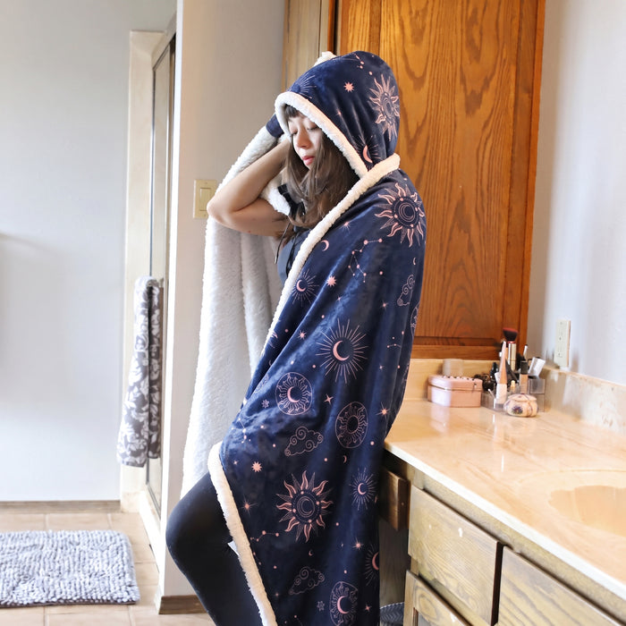Sherpa Hooded Blanket Poncho with Hand Pockets