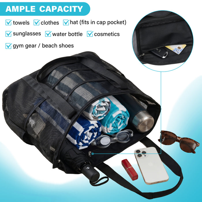 Black Quick Dry Mesh Beach Bag with Hat Holder