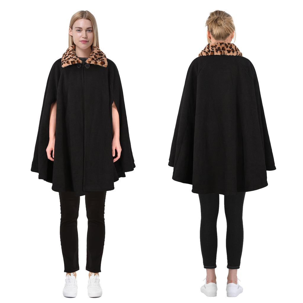 Cheetah Faux Fur Collar Fleece Poncho Coat