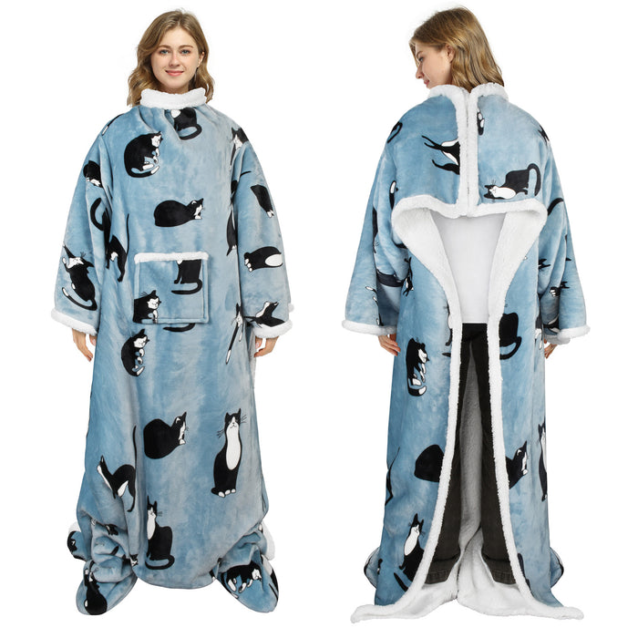 Pet Pattern Sherpa Wearable Blanket With Sleeve & Foot Pocket