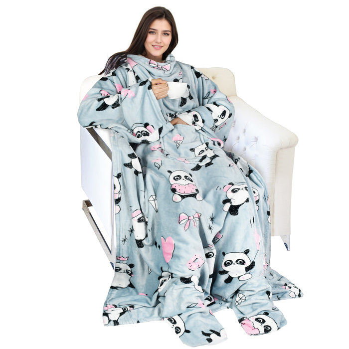 Pet Pattern Fleece Wearable Blanket With Sleeve & Foot Pocket