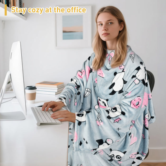 Pet Pattern Fleece Wearable Blanket With Sleeve & Foot Pocket