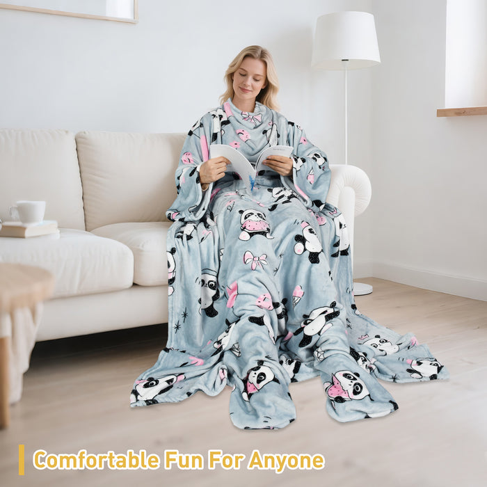 Pet Pattern Fleece Wearable Blanket With Sleeve & Foot Pocket
