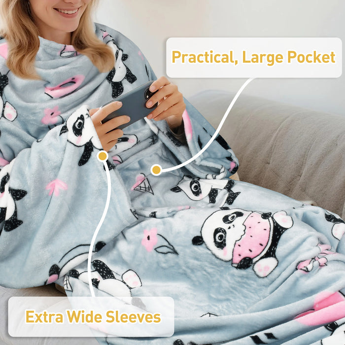 Pet Pattern Fleece Wearable Blanket With Sleeve & Foot Pocket