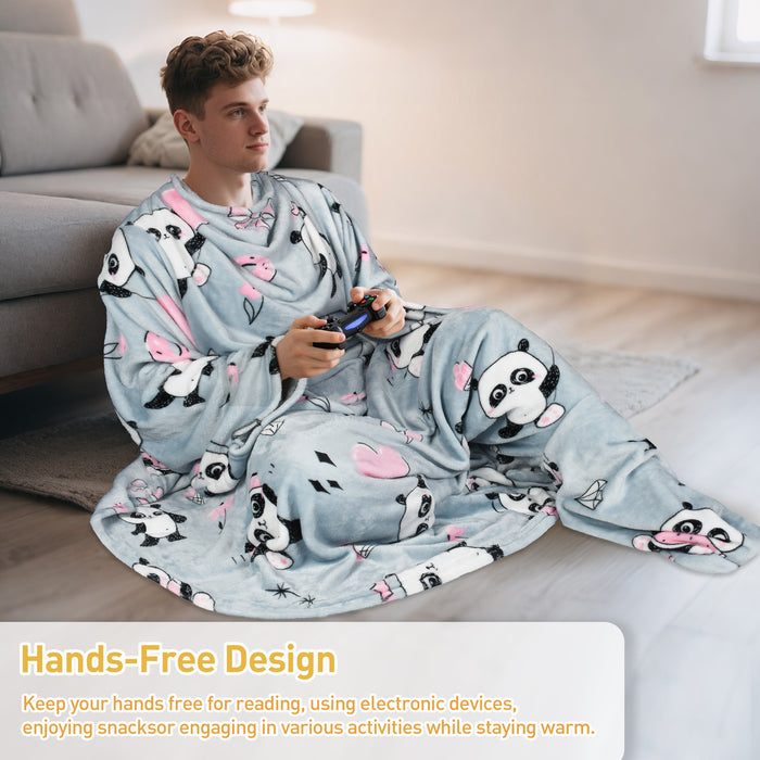 Pet Pattern Fleece Wearable Blanket With Sleeve & Foot Pocket