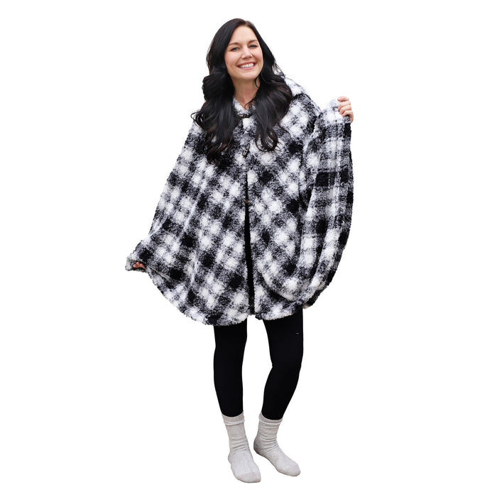 Plaid Sherpa Wearable Blanket Cape With Hood
