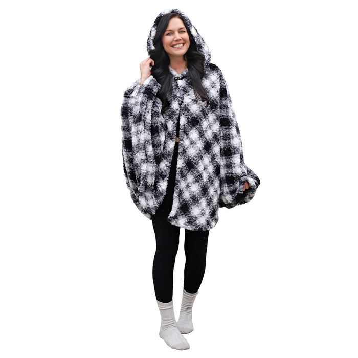 Plaid Sherpa Wearable Blanket Cape With Hood