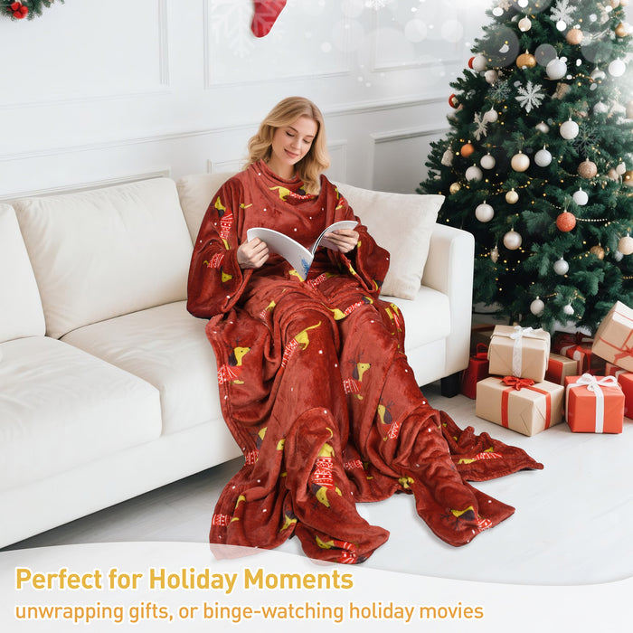 Christmas Fleece Wearable Blanket with Sleeves & Foot Pocket