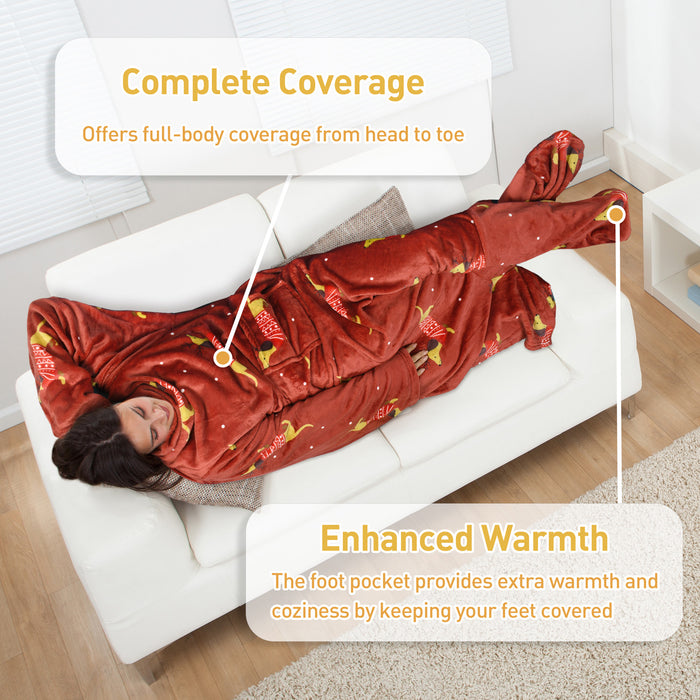 Christmas Fleece Wearable Blanket with Sleeves & Foot Pocket
