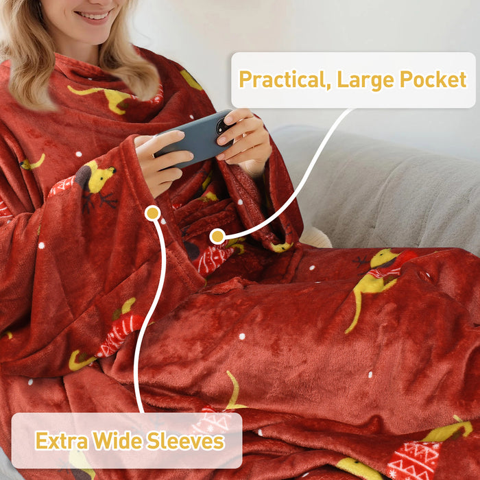 Christmas Fleece Wearable Blanket with Sleeves & Foot Pocket
