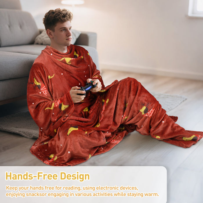Christmas Fleece Wearable Blanket with Sleeves & Foot Pocket