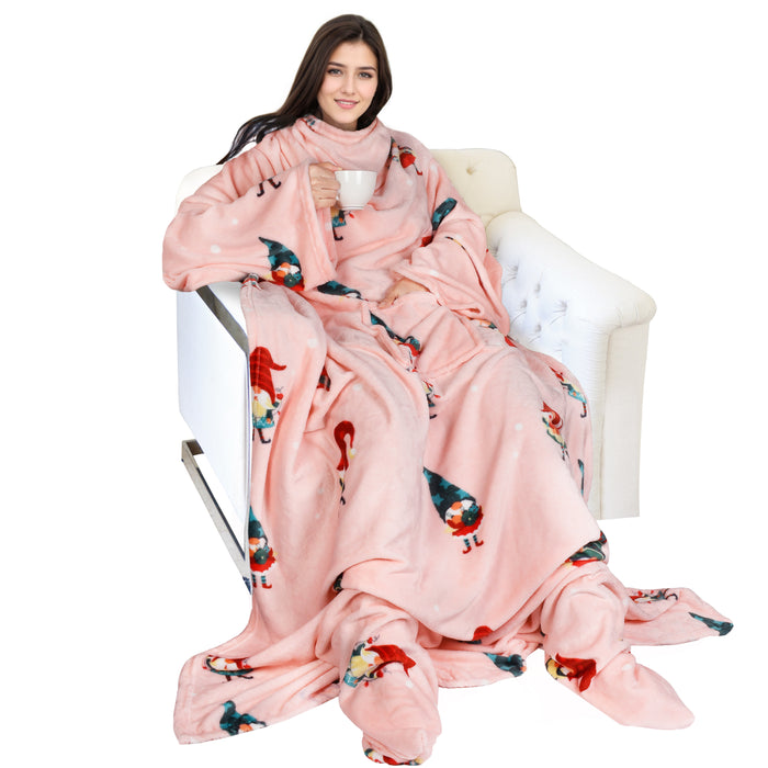 Christmas Fleece Wearable Blanket with Sleeves & Foot Pocket