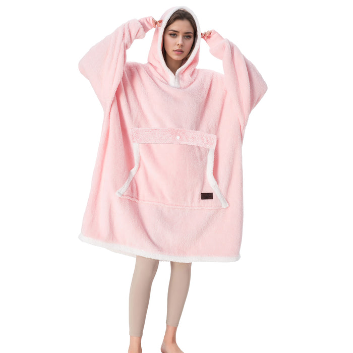 Contrast Trim Fluffy Sherpa Oversized Hoodie Blanket