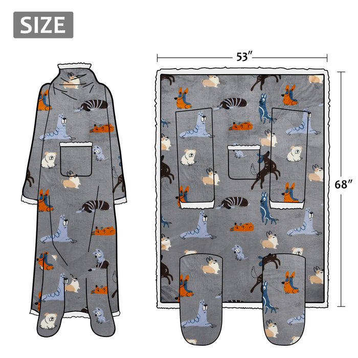 Pet Pattern Sherpa Wearable Blanket With Sleeve & Foot Pocket