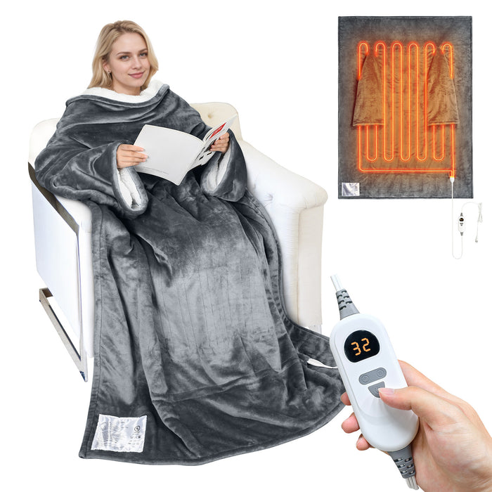 Heated Sherpa Fleece Wearable Blanket With Sleeves