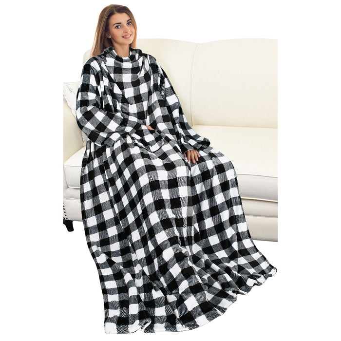 Plaid Fleece Wearable Blanket With Sleeve