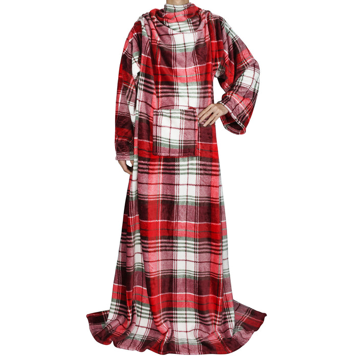 Plaid Fleece Wearable Blanket With Sleeve