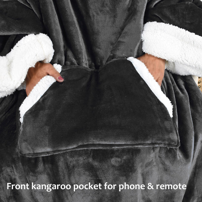 Kangaroo Front Pocket Sherpa Wearable Blanket With Sleeve