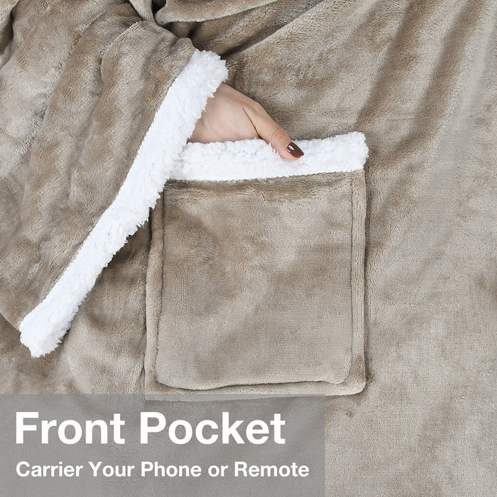 Classic sherpa wearable blanket with sleeves - camel tan front pocket detail close-up