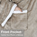 Classic sherpa wearable blanket with sleeves - camel tan front pocket detail close-up