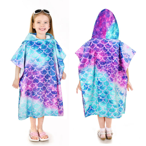 Childrens hooded beach poncho towel with turquoise purple mermaid scale gradient, front and back view